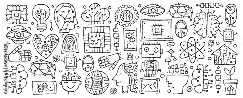 Artificial intelligence concept art. Hand drawn design elements. Horizontal banner for your design