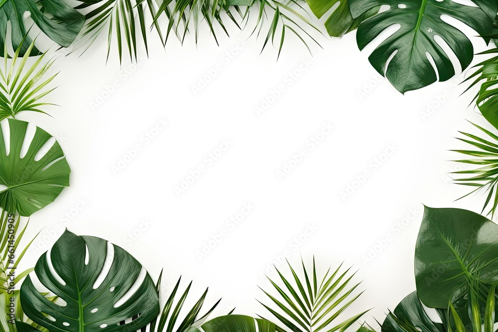 Tropical serenity. Minimalist palm leaf. Nature elegance. Green leaves with white frame. Leaves of tranquility