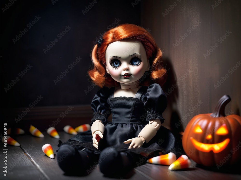 A scary girl doll is sitting. halloween night, pumpkin lantern A scary girl doll is sitting. halloween night, pumpkin lantern
