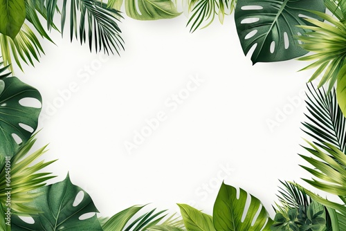 Tropical serenity. Minimalist palm leaf. Nature elegance. Green leaves with white frame. Leaves of tranquility