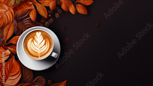 A freshly brewed cup of coffee adorned with latte art sits amidst autumnal leaves and scattered coffee beans on a dark background