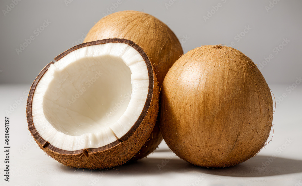 Fresh raw coconut. three coconuts, one of them open on a gray background. Coconut half Fresh raw coconut. three coconuts, one of them open on a gray background. Coconut half