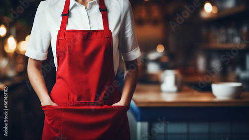 Elegant barista in white shirt and red apron stands ready in a cozy, well-lit cafe, with mugs and a rustic ambiance photo
