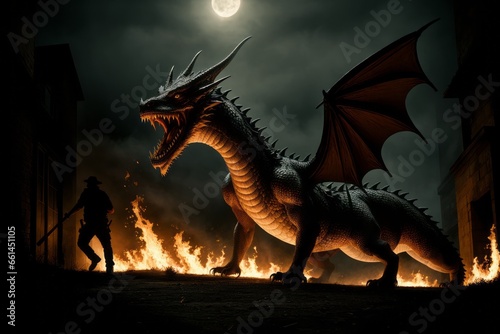 A dark moonlit night  flames and dragons  a man running in fear