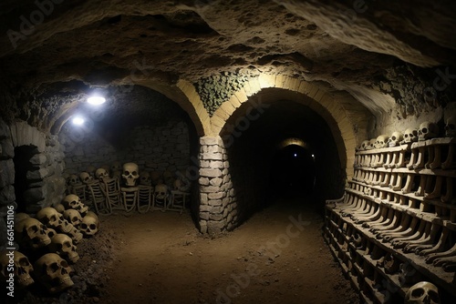 A dark basement with skulls on display, halloween