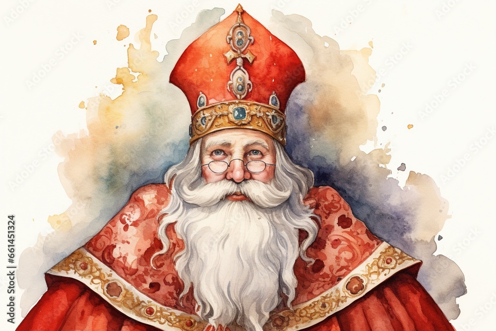 Sinterklaas watercolor drawing. The background is white and copy space, generative ai Sinterklaas watercolor drawing. The background is white and copy space, generative ai