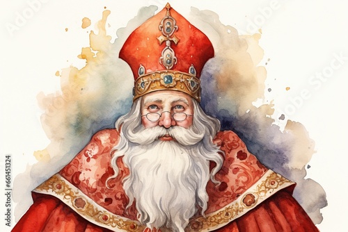 Sinterklaas watercolor drawing. The background is white and copy space, generative ai
