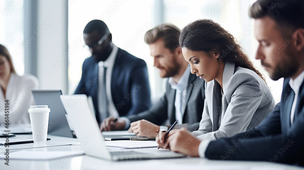 Professionals engaged in a focused meeting in a bright office environment, highlighting teamwork Professionals engaged in a focused meeting in a bright office environment, highlighting teamwork
