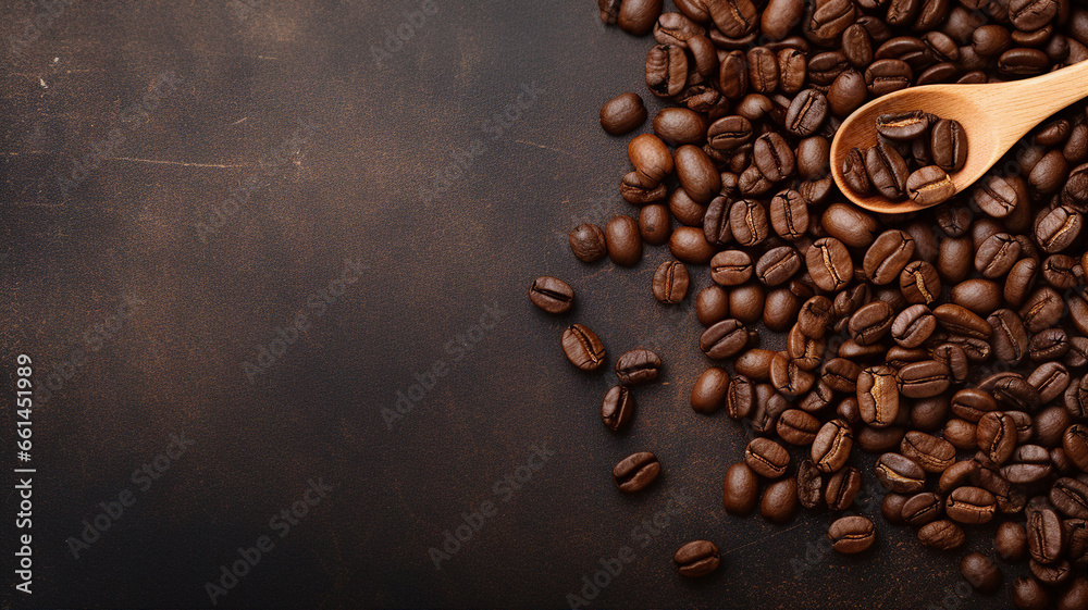 Top view of roasted coffee beans scattered on a dark textured surface with a wooden spoon Top view of roasted coffee beans scattered on a dark textured surface with a wooden spoon