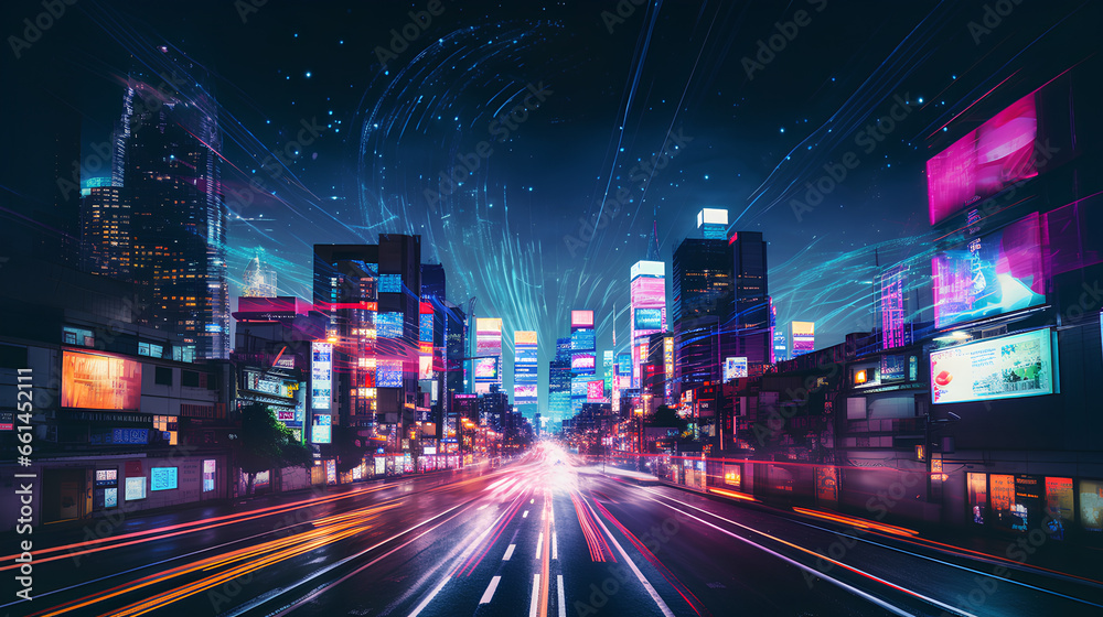 View of vehicles and buildings in Tokyo City with traffic light lines. Japanese town in night, Tokyo. Tokyo Cityscape with Traffic light trails. created with generative AI