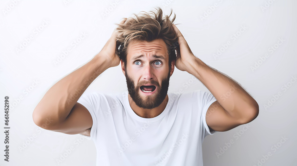 Brunette haired young man with beard wearing orange T-shirt standing with mouth open surprised or shocked expressions, his hands-on head isolated on white background. Close up and studio photo concept