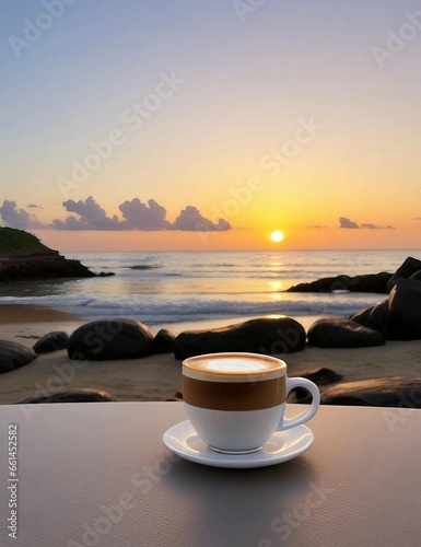 A cup of coffee against the backdrop of sunset over the ocean. Generative AI. © Alena