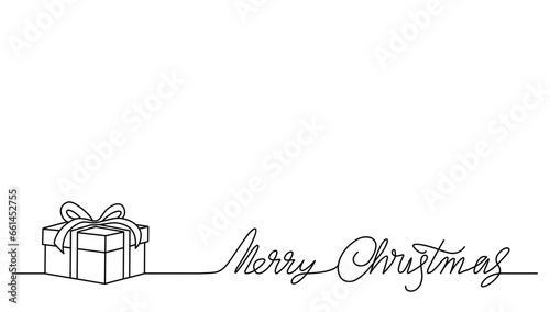 gift box with ribbon and merry christmas letter dor card, background, line art vector 