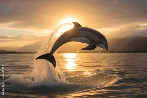 A playful dolphin jumps creating a water ring in the ocean during sunset. wallpaper concept.  photo