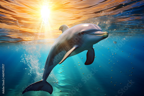 dolphin in the sea during sunset. 