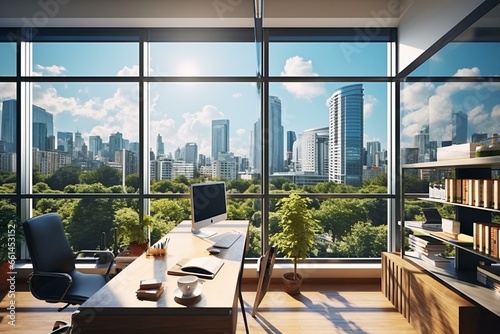 View of modern workspaces in bright office with beautiful interior design and cityscape outside. Generative AI