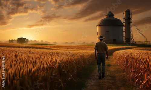 a farmer strides confidently through a corn field, the early dawn light casting a gentle glow over the tall stalks photo