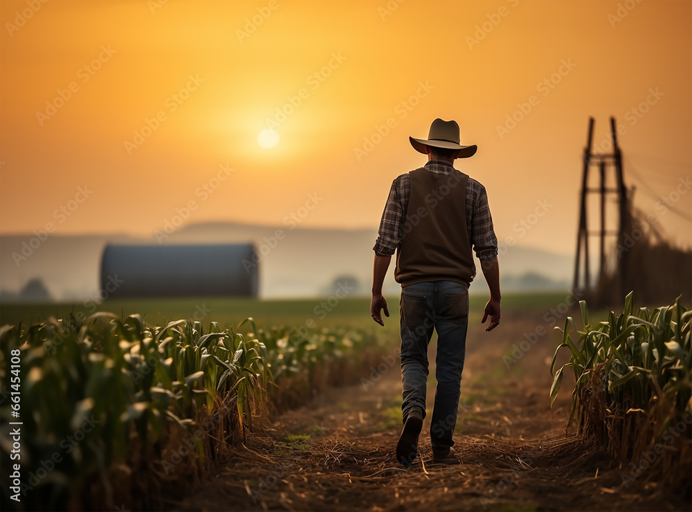 Fototapeta premium a farmer strides confidently through a corn field, the early dawn light casting a gentle glow over the tall stalks