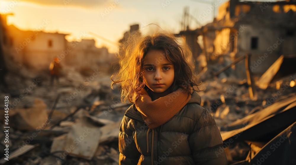 Young dirty girl standing in a destroyed alleyway in front of wreckage, generative ai Young dirty girl standing in a destroyed alleyway in front of wreckage, generative ai
