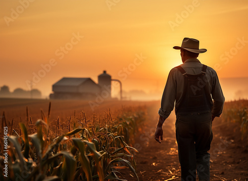 a farmer strides confidently through a corn field  the early dawn light casting a gentle glow over the tall stalks
