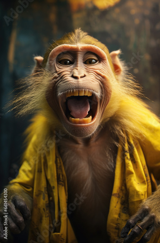 A yellow primate with an open mouth gazes intently into the outdoors, exuding a sense of wild curiosity and untamed energy photo