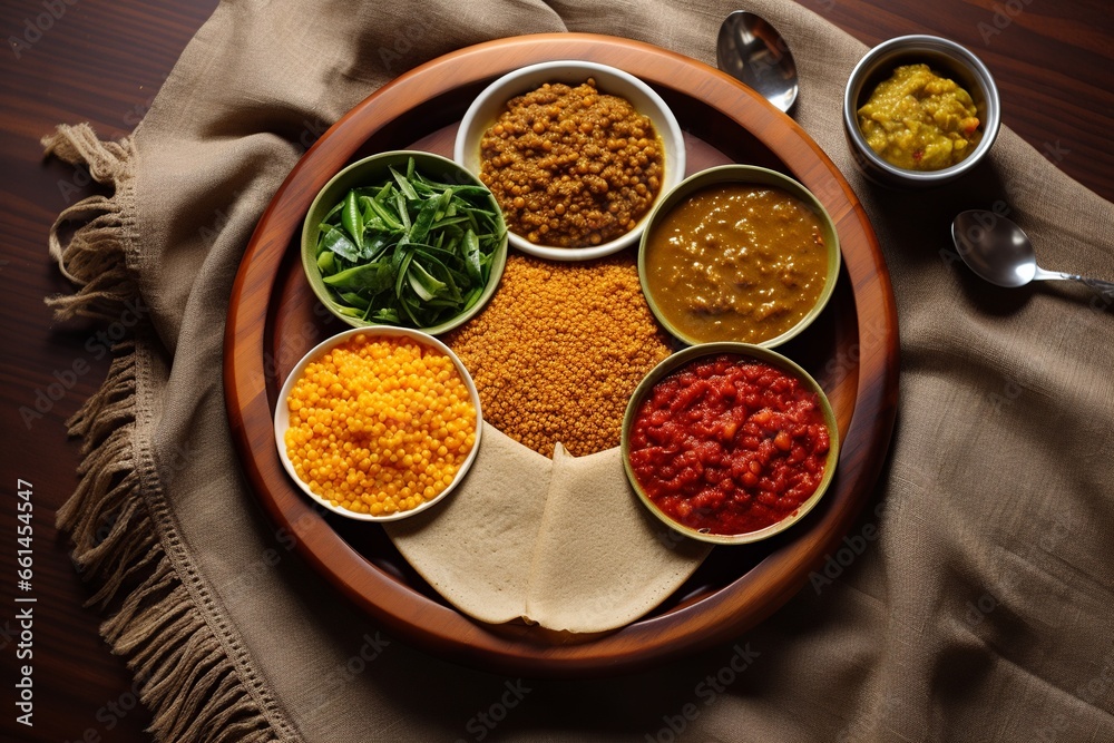 Savor the visuals of Ethiopian cuisine, featuring a flat lay of injera, lentils, and spicy stews, gracefully arranged with intentional empty space for your text. Savor the visuals of Ethiopian cuisine, featuring a flat lay of injera, lentils, and spicy stews, gracefully arranged with intentional empty space for your text.