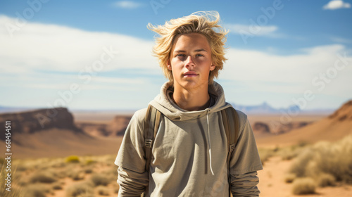 Blonde teenage boy in desert looking at horizon.