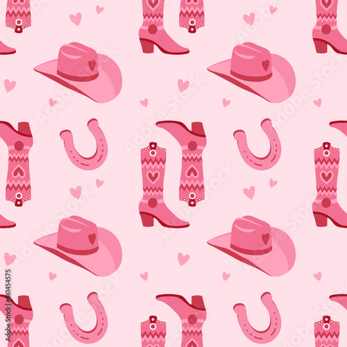 Cute pink seamless pattern with retro cowgirl hats and cowboy boots. Background, print for girls. Vector