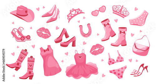 Princess icons set. Pink fashion set, accessories and clothes for a pink doll. Crown, dress, shoes, cowboy hat, boots, bag, glasses. Vector