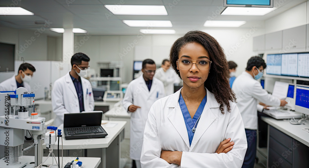 young female medical scientist stands with her arms crossed in the laboratory. Female scientist working on a new scientific experiment. Medical research. Generative AI young female medical scientist stands with her arms crossed in the laboratory. Female scientist working on a new scientific experiment. Medical research. Generative AI