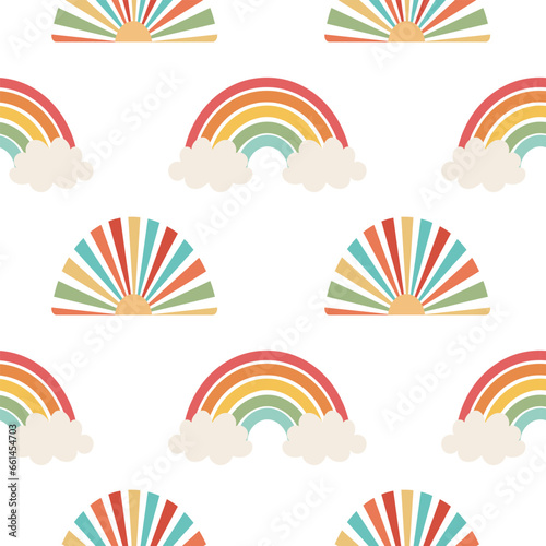 Seamless pattern, rainbows, clouds, suns and flowers in retro boho style. Baby background, textile, vector
