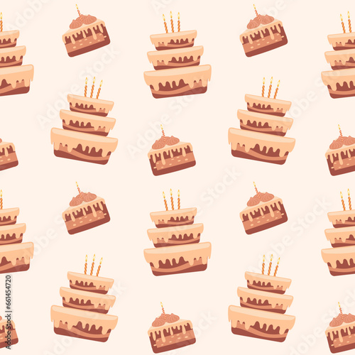 Seamless pattern, holiday cakes with holiday candles, pieces of cakes, delicious desserts, pastries, cupcakes. Food background, menu, vector