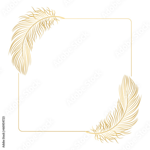 Golden luxury frame with bird feathers isolated on white background. Design for invitations, cards, vector