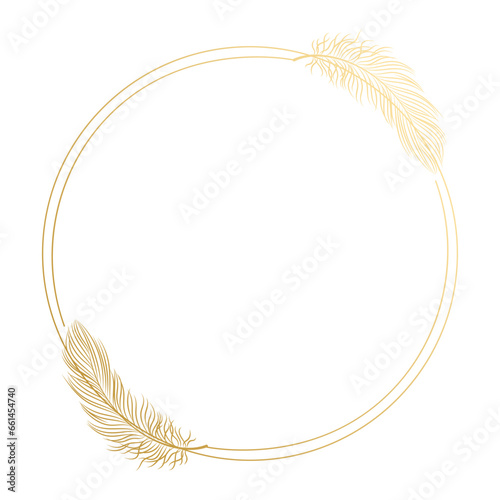 Golden luxury frame with bird feathers isolated on white background. Design for invitations, cards, vector