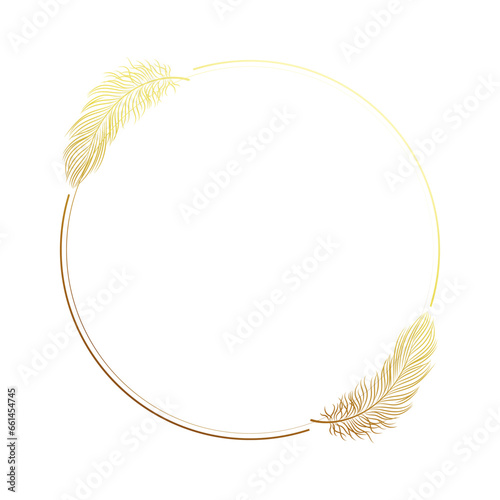 Golden luxury frame with bird feathers isolated on white background. Design for invitations, cards, vector