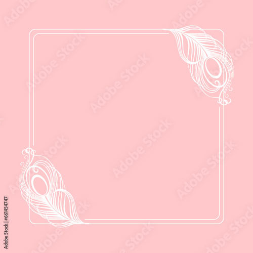 White luxury frame with peacock bird feathers on a pink background. Design for invitations, cards, vector