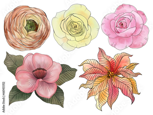 Wallpaper Mural Traditional Christmas outline drawing illustrations of holly, mistletoe, Christmas tree, rose, bloom,blossom,foliage Christmas decoration elements. Torontodigital.ca