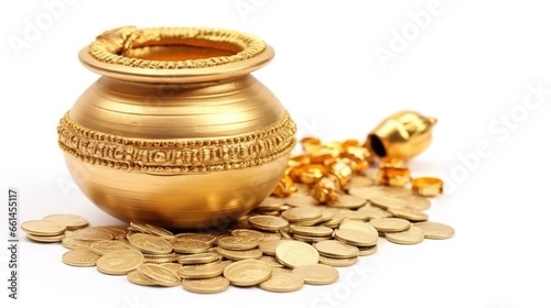 Dhanteras, Akshaya Tritiya, Golden kalash and coins, Generative ai photo