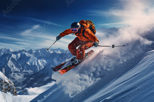 Skier jumping on a sunny mountain slope