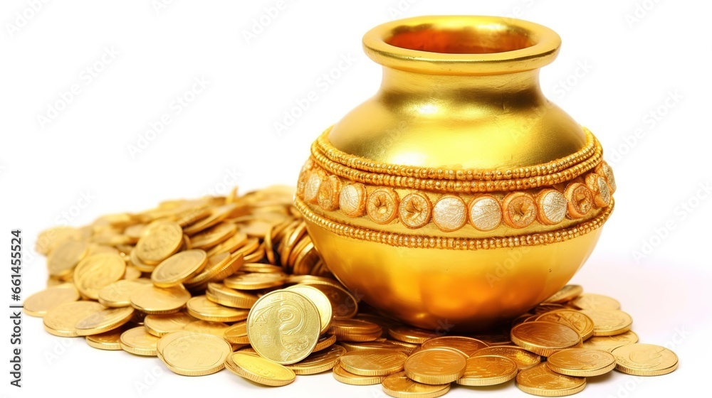 Dhanteras, Akshaya Tritiya, Golden kalash and coins, Generative ai Dhanteras, Akshaya Tritiya, Golden kalash and coins, Generative ai