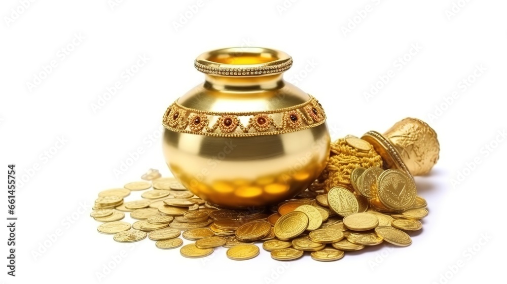 Dhanteras, Akshaya Tritiya, Golden kalash and coins, Generative ai Dhanteras, Akshaya Tritiya, Golden kalash and coins, Generative ai