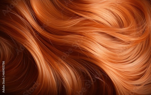 Close-up of beautiful healthy red hair. Shiny toned hair highlights. Hairstyle, haircare, wellness, treatment concept background
