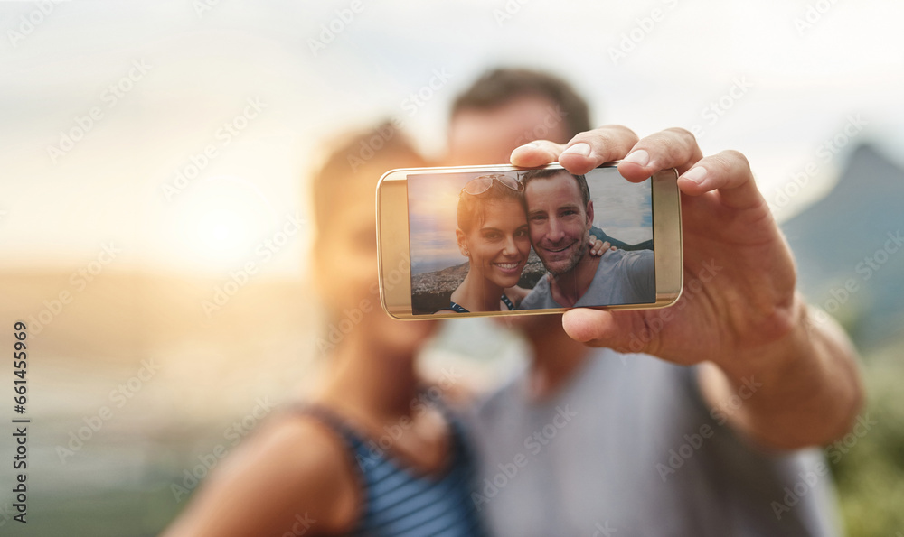 Hands, phone or couple taking selfie in nature for social media or online post for outdoor vacation. Travel, freedom or happy woman taking photograph or pictures with love on a fun holiday adventure