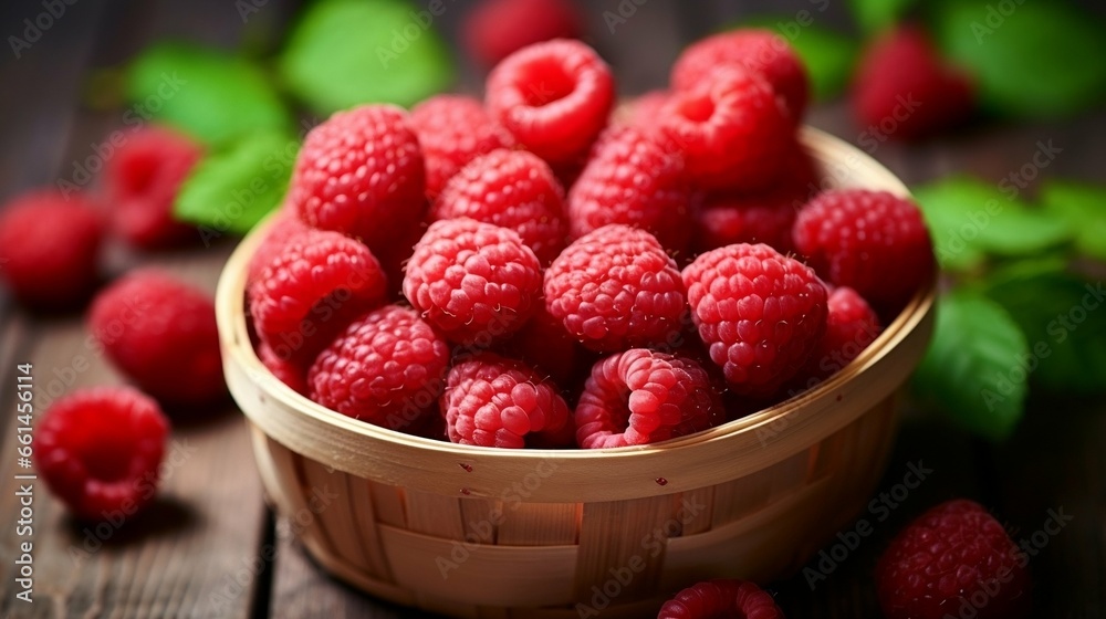 Fresh red raspberries in eco-friendly packaging on a wooden table Fresh red raspberries in eco-friendly packaging on a wooden table