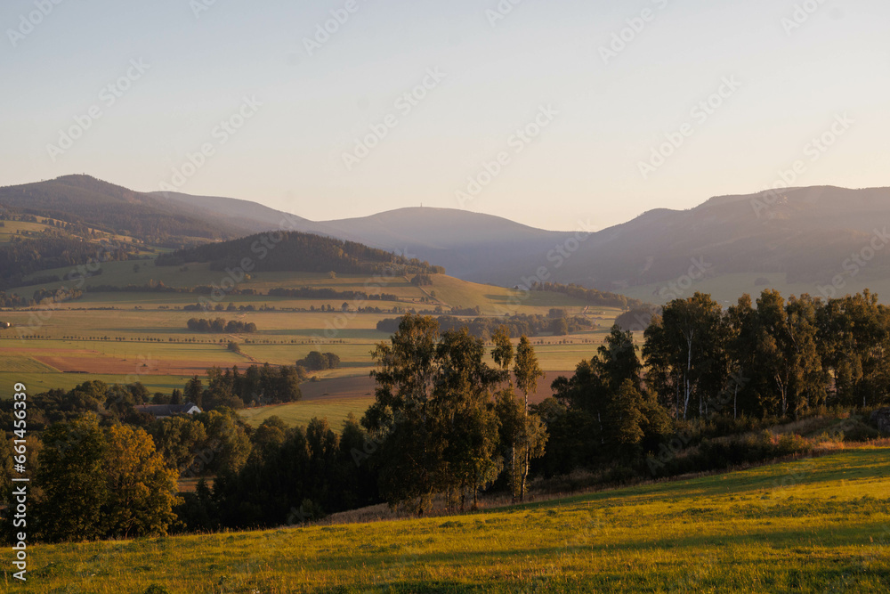 Beautiful landscape of czech mountains during sunrise. Orlicke hory.