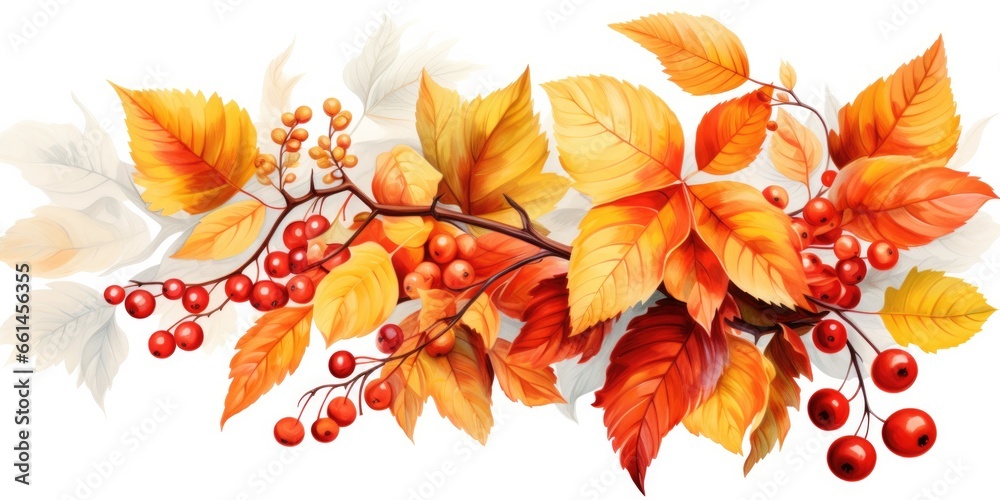 red and orange autumn leaves with rowanberry  on a white background