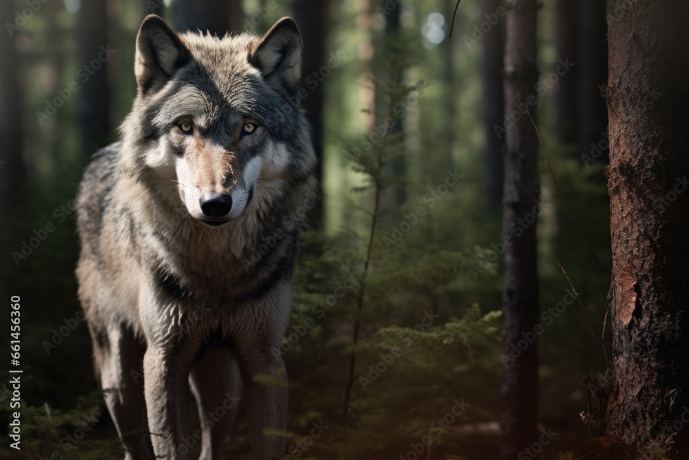 Fototapeta premium wolf outside in the forest looking at the camera