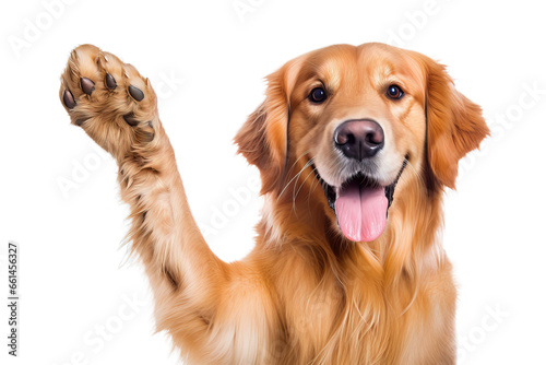 Golden retriever giving high five isolated on transparent background. Dog giving high five.