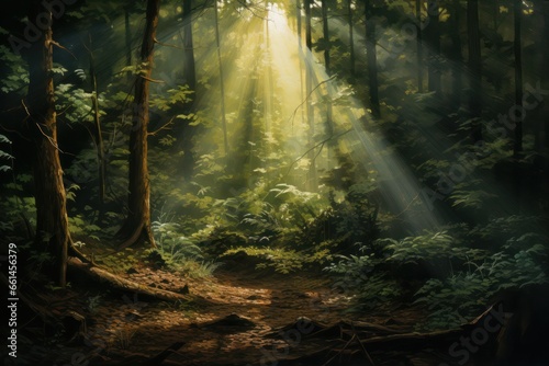 Dawn s embrace  sunrays piercing the mist of a serene  foggy green forest