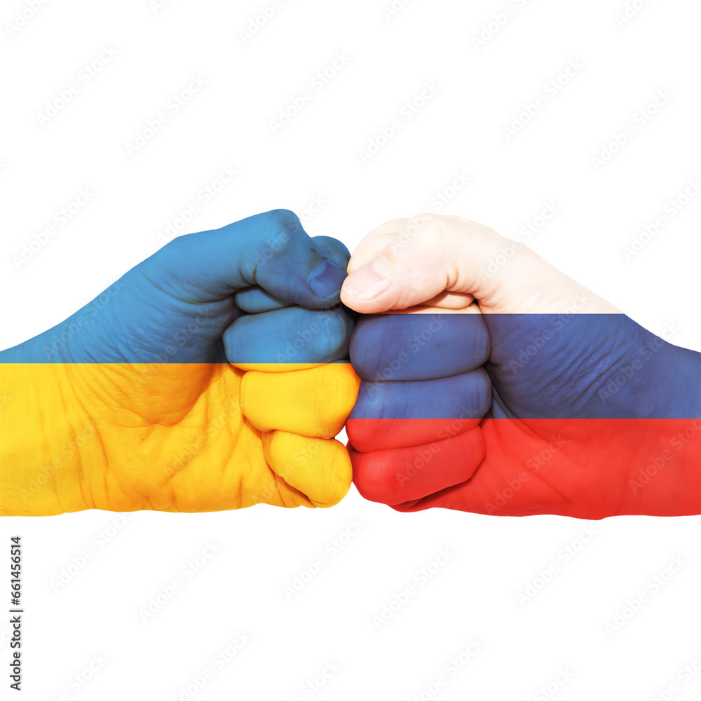 Fist flags Ukraine and Russia war fight - Two bumped clenched fists ...